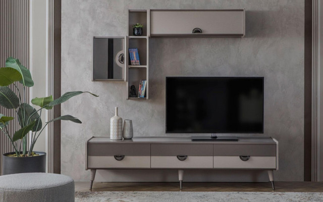 Buffet de salon beige, meuble TV robuste, meuble TV bas, étagères de luxe