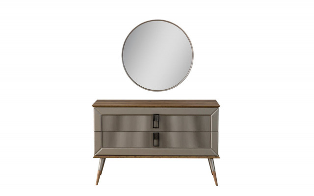 Commode de designer marron élégante, miroir rond de luxe et set de coiffeuse en 2 pièces