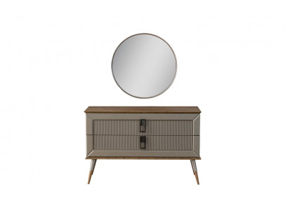Commode de designer marron élégante, miroir rond de luxe et set de coiffeuse en 2 pièces