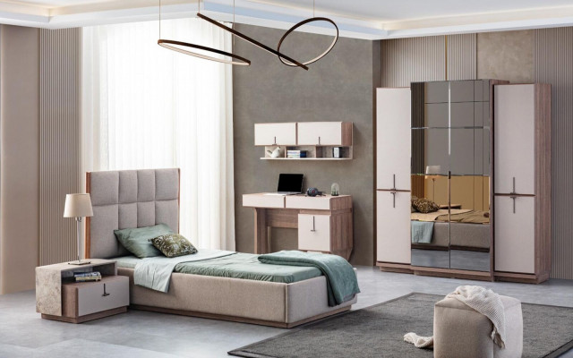 Bureau beige, bureau de luxe, armoire murale, bureau d'ordinateur, ensemble de bureau.