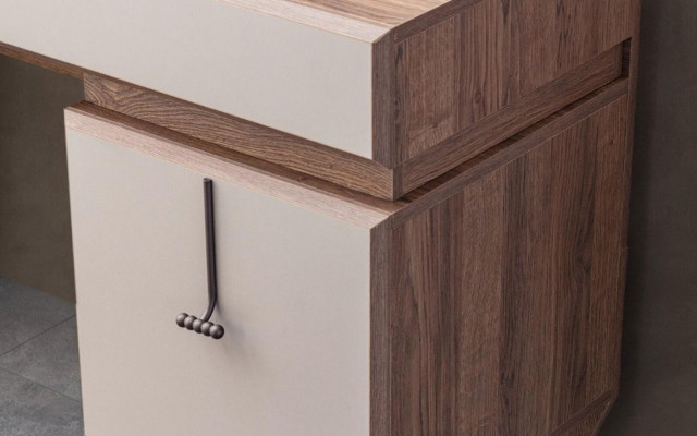 Bureau beige, bureau de luxe, armoire murale, bureau d'ordinateur, ensemble de bureau.
