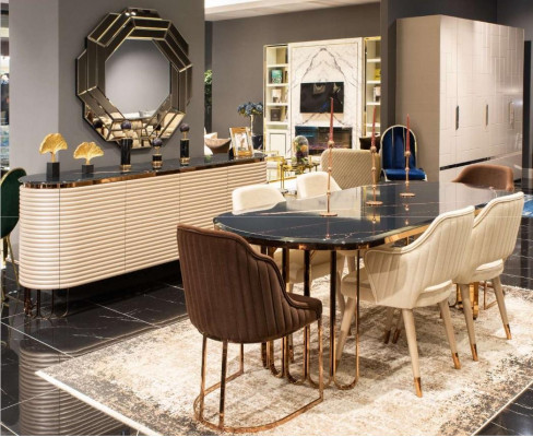 Ensemble de salle à manger - Table de salle à manger - Chaises - Ensemble beige 9 pièces de luxe en bois - Salle à manger