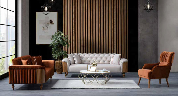 Ensemble de canapés et de fauteuils 3+2+1 places en tissu, confortable, couleur marron, neuf.