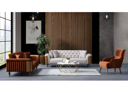 Ensemble de canapés et de fauteuils 3+2+1 places en tissu, confortable, couleur marron, neuf.