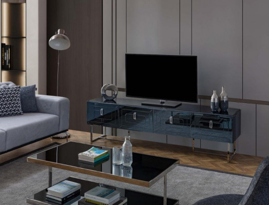 Meuble TV bas gris exclusif pour salon avec portes vitrées 4.