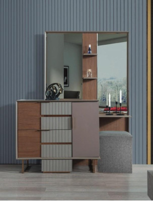 Ensemble de chambre à coucher moderne Coiffeuse avec miroir Tabouret Ensemble de 3 pièces