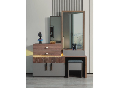 Meuble de chambre brun-gris de luxe Commode avec miroir Ottoman