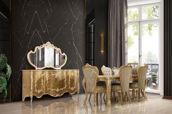 Luxe Salle à manger Ensemble Chaise 6x Buffet Miroir Groupe de salle à manger Complet