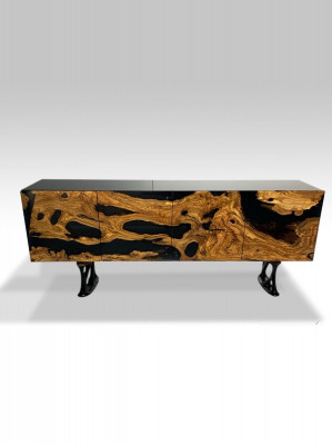 Meuble TV buffet buffet TV bas en résine époxy bois brun pour le salon.