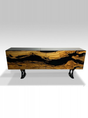 Meuble TV buffet buffet TV bas en résine époxy bois brun pour le salon.