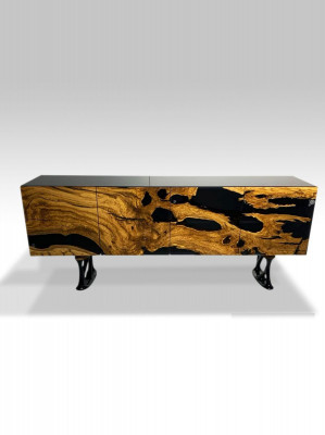 Meuble TV buffet buffet TV bas en résine époxy bois brun pour le salon.