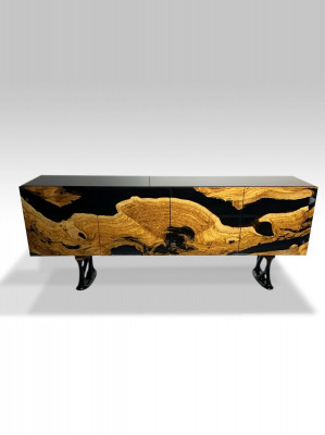 Meuble TV buffet buffet TV bas en résine époxy bois brun pour le salon.