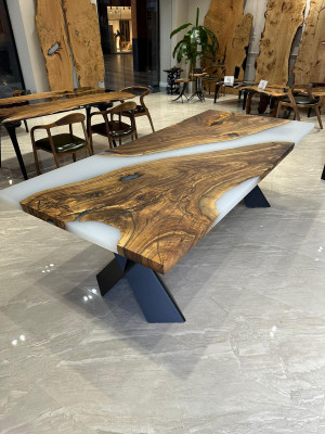 Grande table de salle à manger Table à manger Résine époxy Table de cuisine Table Bois Marron