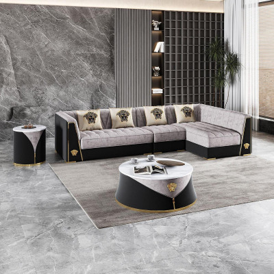 Salon gris Ensemble de canapés Canapé d'angle Table basse Table d'appoint en acier inoxydable