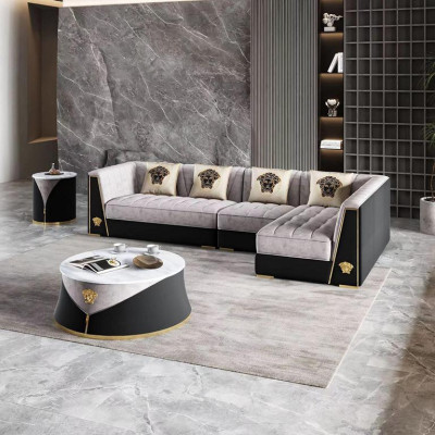 Salon gris Ensemble de canapés Canapé d'angle Table basse Table d'appoint en acier inoxydable