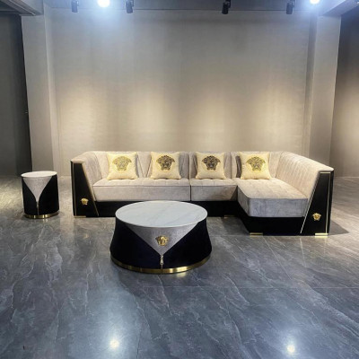 Salon gris Ensemble de canapés Canapé d'angle Table basse Table d'appoint en acier inoxydable