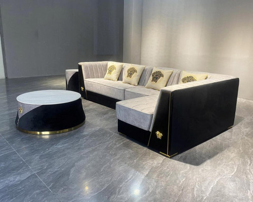 Salon gris Ensemble de canapés Canapé d'angle Table basse Table d'appoint en acier inoxydable