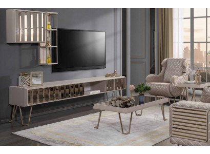 Meuble TV, meuble télévision, étagères murales, table basse, métal beige, ensemble de salon moderne 3 pièces.