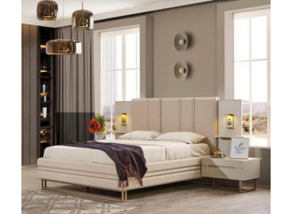 Ensemble de chambre de luxe Complet Lit Beige 2x Tables de chevet Moderne