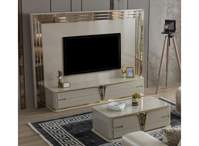 Meuble TV Meuble télé Lowboard Buffet Salon Or Beige Luxe Bois nouveau.