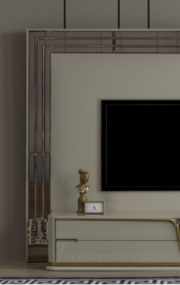 Meuble TV Meuble télé Lowboard Buffet Salon Or Beige Luxe Bois nouveau.