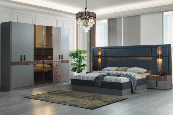 Chambre grise Ensembles de lit complets  2x Tables de chevet Armoire