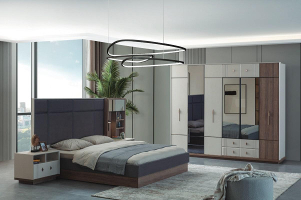 Meubles de chambre à coucher modernes Lit double de luxe 2 tables de chevet Armoire