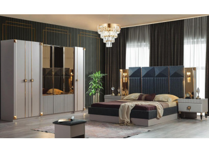 Mobilier de chambre luxueux Lit double Rembourrage Bois Tables de chevet Armoire
