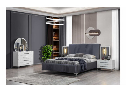 Ensemble de chambre élégant Gris Lit double en bois Tables de chevet 5 pièces