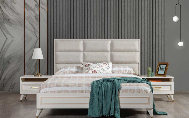 Grand ensemble de chambre Lit double Coiffeuse Tabouret Miroir 6 pièces