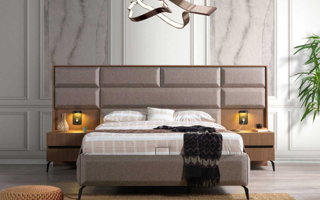Chambre grise exclusive avec lit double et 2 tables de chevet - ensemble de 3 pièces.