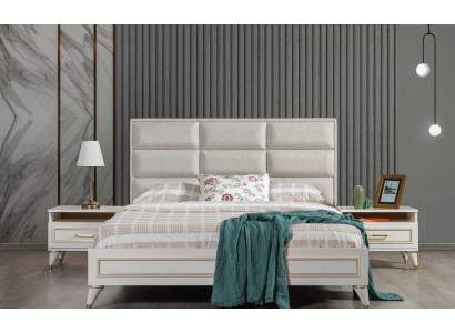 Suite de chambre blanche Literie Lit double 2x Tables de chevet en bois 3pcs