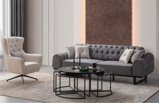 Canapé Chesterfield gris trois places en tissu de luxe fauteuil blanc 2 pièces Ensemble