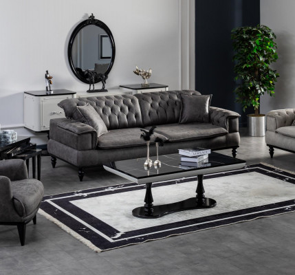 Salle de séjour Canapé 3 places Table basse Imitation cuir de luxe gris neuf Style moderne