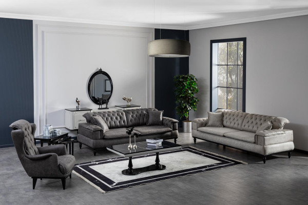 Salle de séjour Canapé 3 places Table basse Imitation cuir de luxe gris neuf Style moderne