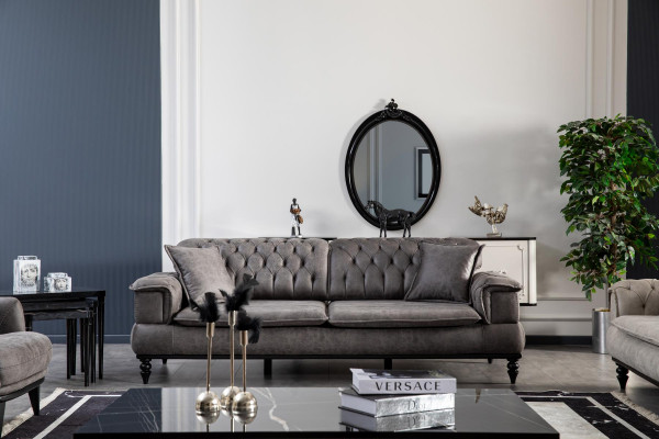 Salle de séjour Canapé 3 places Table basse Imitation cuir de luxe gris neuf Style moderne