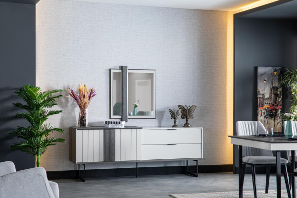 Buffet de luxe, commodes modernes en 2 pièces avec miroir et armoire en bois.