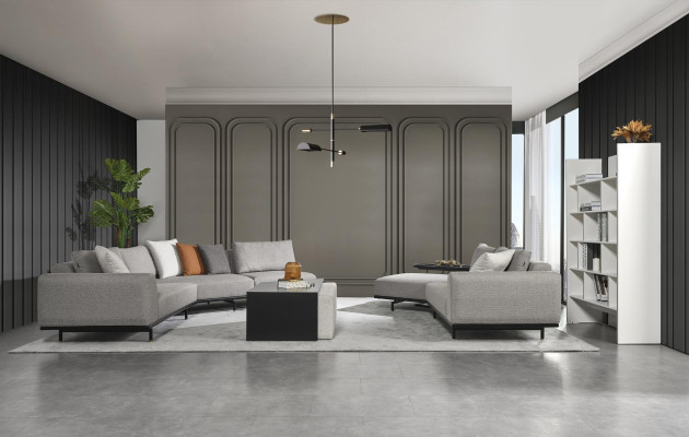 Canapé d'angle en forme de U pour le salon, en tissu, design moderne et luxueux, gris.