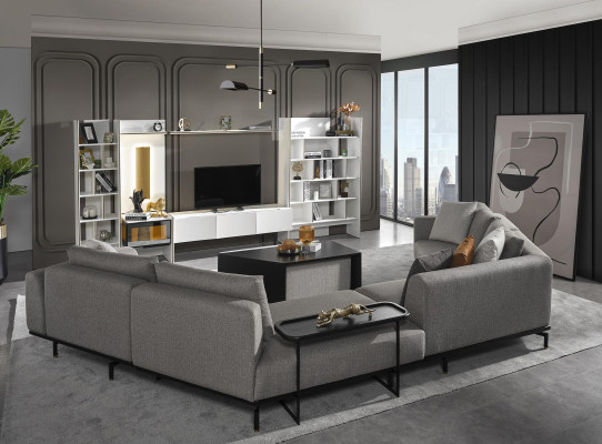 Canapé d'angle en forme de U pour le salon, en tissu, design moderne et luxueux, gris.