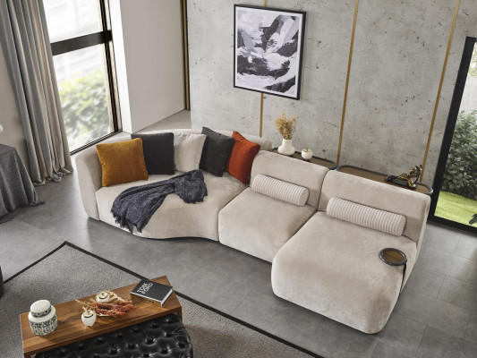 Canapé d'angle en « L » avec design en bois et revêtement en textile, nouveau meuble blanc.