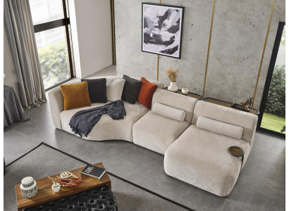 Canapé d'angle en « L » avec design en bois et revêtement en textile, nouveau meuble blanc.