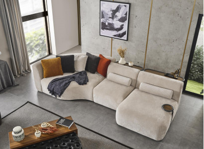 Canapé d'angle en « L » avec design en bois et revêtement en textile, nouveau meuble blanc.