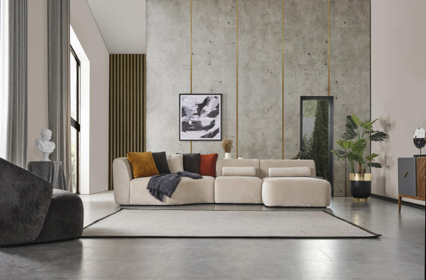 Canapé d'angle en « L » avec design en bois et revêtement en textile, nouveau meuble blanc.