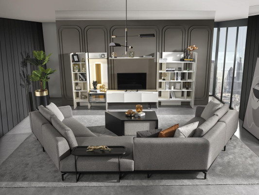 Canapé d'angle en forme de U pour le salon, en tissu, design moderne et luxueux, gris.