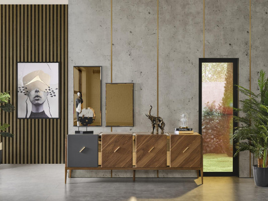Buffet 2x Miroir Salon Groupe Bois Design Ensemble 3 pièces nouveau marron