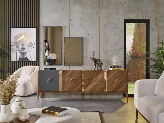 Buffet 2x Miroir Salon Groupe Bois Design Ensemble 3 pièces nouveau marron