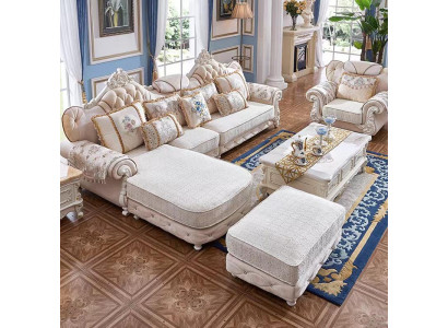 Canapé d'angle en L Fauteuil Tabouret Canapé en bois avec textile Baroque Rococo