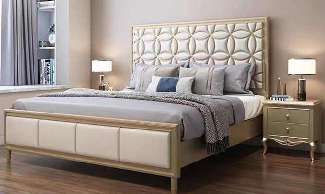 Lit Lits Lit double Chambre Cuir synthétique Rembourrage Lits doubles Beige neufs