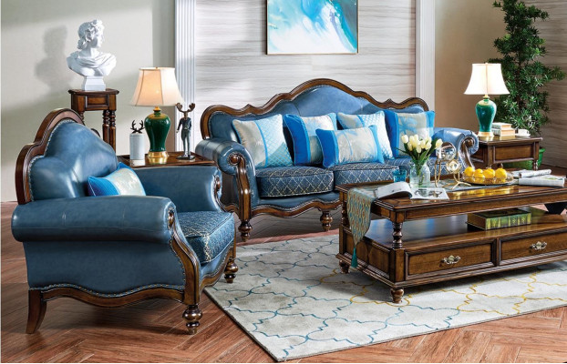 Canapé Chesterfield Bleu Baroque Rococo Sofa 3+1 Place Suite