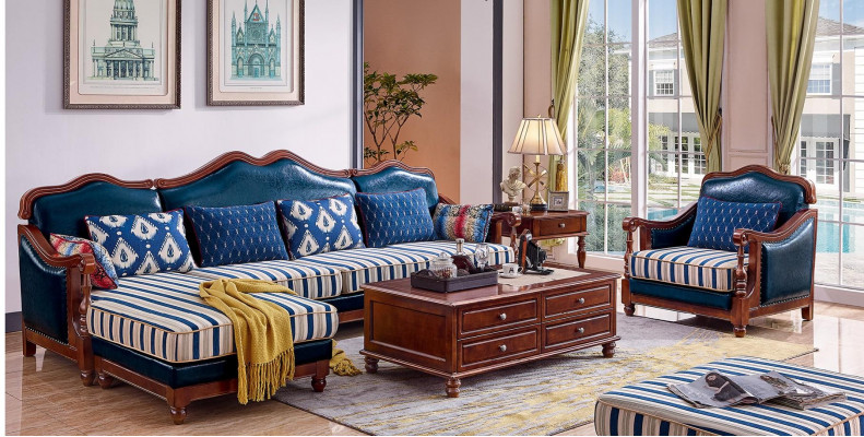 Canapé d'angle bleu avec fauteuil - Canapé colonial style antique avec fauteuil.